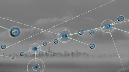 Poster - Network of connections and data processing animation over cityscape background