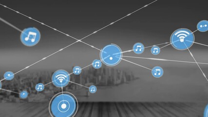 Poster - Music and wireless network icons animation over cityscape background