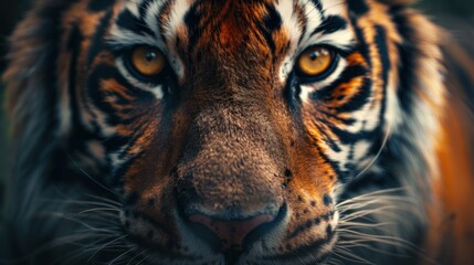 A close-up view of a tiger's face, showcasing its striking orange fur, intense eyes, and distinctive black stripes.