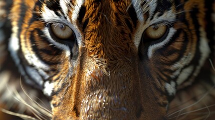 A close-up view of a tiger's face, showcasing its striking orange fur, intense eyes, and distinctive black stripes.