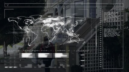 Poster - World map and data analysis animation over residential street background
