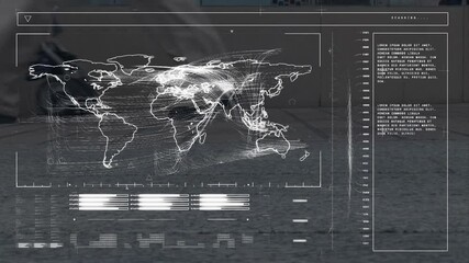 Poster - World map with data lines and text animation over people walking on street