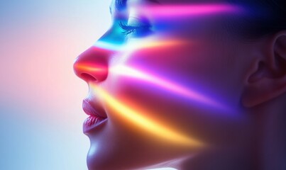 A woman's face is shown with a rainbow of colors. The colors are arranged in a way that creates a sense of depth and dimension. The image conveys a feeling of creativity and artistic expression