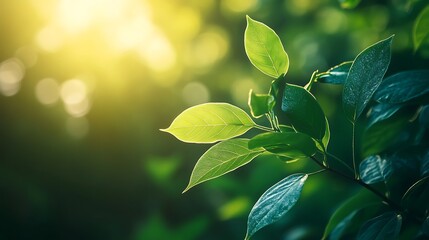 Wall Mural - Close-up of Lush Green Leaves with Sunlight