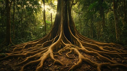 Wall Mural - a large tree with many roots is the main focus of the image. the roots are spread out and appear to 