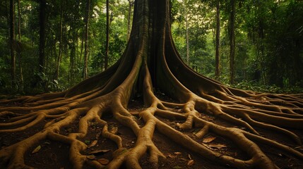 Wall Mural - a large tree with a thick trunk and many roots. the roots are brown and spread out in all directions