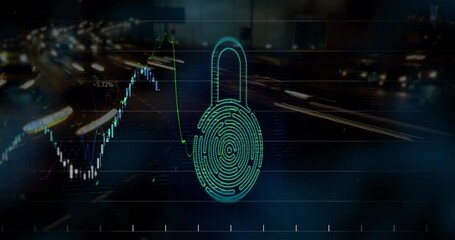 Sticker - Fingerprint lock and stock market graph animation over city street background