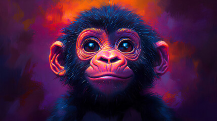 Poster - Dynamic scene of a colorful psychedelic neon colored baby gorilla