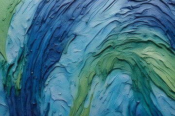 A close up view of wet paint strokes in shades of blue and green blending together, AI Generated