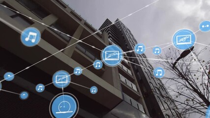 Poster - Music and media icons connected by lines animation over modern building exterior