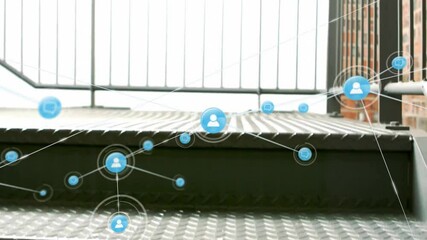 Poster - Network of connections and user icons animation over metal stairs