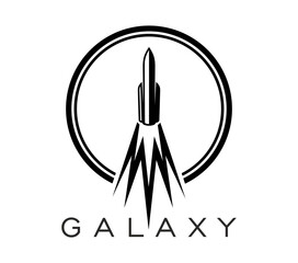 Poster - Spaceship, space rocket icon. Isolated vector black launching shuttle with fire trail enclosed within a circle. Advanced technology, cosmic exploration mission or interstellar galaxy travel emblem