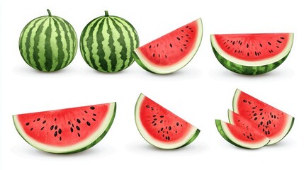 Set of watermelon and watermelon slices isolated on white background. Clipping paths.,