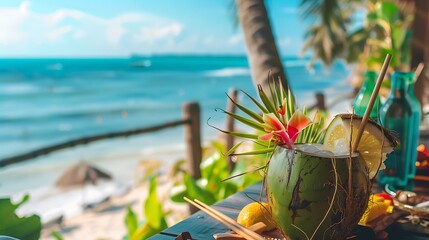 Wall Mural - Drink in a fruity coconut with chopsticks and decorations on a table with a view of the ocean