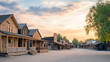 © Studios - A small old western town with historic wooden buildings lining a dusty street under a serene sunset sky capturing the timeless charm and nostalgic essence of a vintage frontier settlement