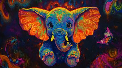 Poster - Close up of a colorful, psychedelic neon baby elephant