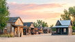 © Studios - A small old western town with historic wooden buildings lining a dusty street under a serene sunset sky capturing the timeless charm and nostalgic essence of a vintage frontier settlement