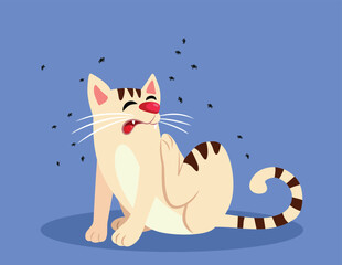 Funny Cat with Fleas Scratching Vector Cartoon Illustration. Hilarious pet animal itchy because of insect bites 
