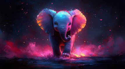 Poster - Dynamic scene of a colorful psychedelic neon colored baby gorilla