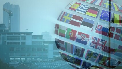 Poster - Rotating globe with international flags animation over urban cityscape