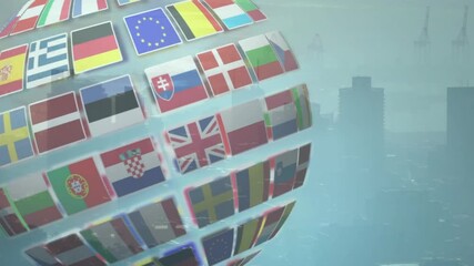 Poster - Rotating globe with various national flags animation over cityscape background