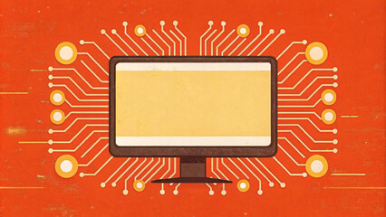 Flat vector illustration of a blank computer monitor with a circuit board inside, suitable for technology, display, or web design concepts