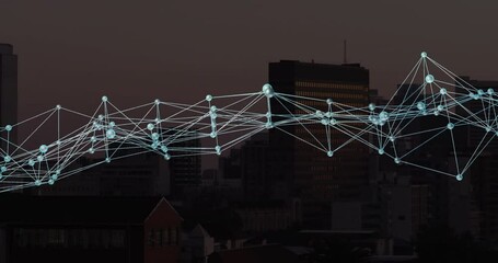 Poster - Network of connections and data processing animation over cityscape at dusk