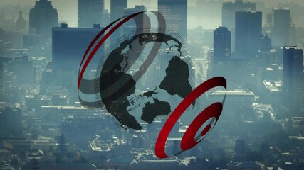 Poster - Rotating globe with red rings animation over cityscape with tall buildings