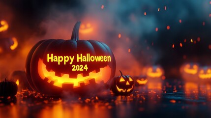 A minimal Halloween wallpaper featuring a glowing 3D pumpkin with the text 