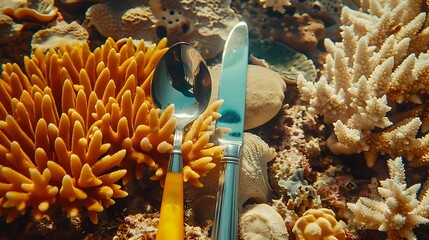 Wall Mural - A knife and a plated tine with a yellow spoon folded are lying on a coral landscape