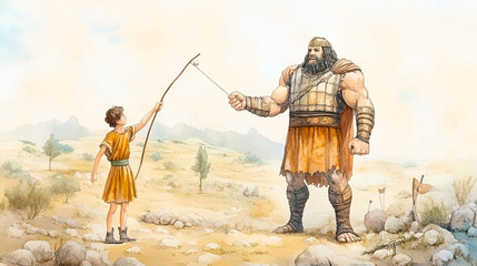 Watercolor illustration David and Goliath Bible story of young Shepherd boy defeating a giant Warrior with a simple pebble and slingshot Victorious concept Foggy cinematic background battlefield