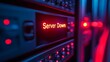 © Naru - A server rack in a modern data center with a red alert light displaying 'Server Down', symbolizing downtime, system failure, technical issues, network outage, and data loss.
