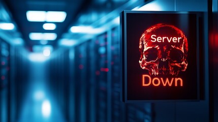 A server room with a warning sign, featuring a glowing red skull and crossbones, indicating a server outage. The sign symbolizes danger, vulnerability, and the potential for data loss or system failur