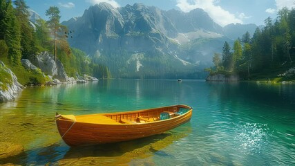 Wall Mural - animation tranquil lake with boat amidst majestic mountains scenery generated with ai