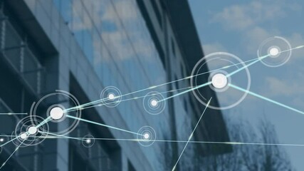 Poster - Network of connections and data points animation over modern glass building