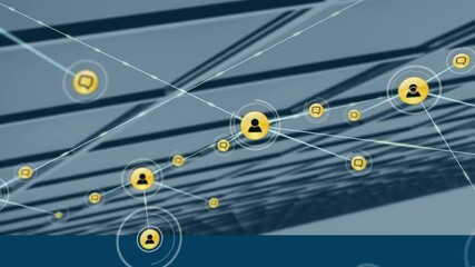 Poster - Network of connections and communication icons animation over structural shadows