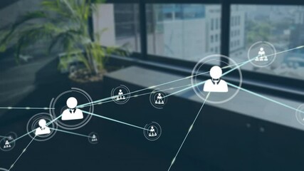 Poster - Network of connections and data processing animation over office background