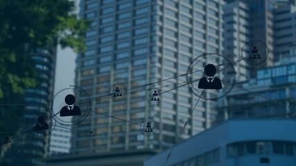 Poster - Network of connections and data processing animation over urban cityscape