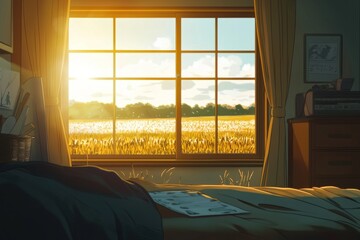 Gazing out a window at a serene, sun-drenched field, with a comforting, warm light spilling into the room. Cozy vibe, Generative AI