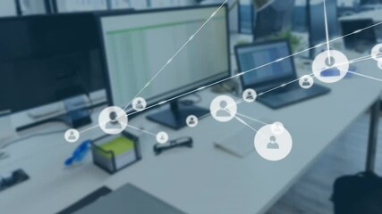 Poster - Network of connections and data processing animation over office workspace