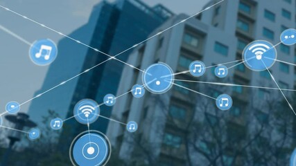 Poster - Network of connections and music icons animation over city buildings