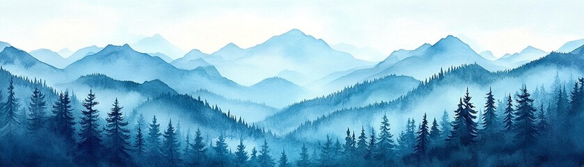 a serene watercolor landscape featuring misty mountains and lush coniferous forests, evoking tranqui