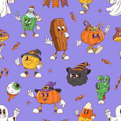 Wall Mural - Cartoon Halloween groovy characters seamless pattern. Vector festive tile background with playful pumpkin, ghost, candy corn or coffin, black cat, eyeball, potion flask, zombie hand cartoon personages