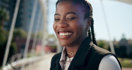 Sticker - Wink, phone and face of black woman in city for business, typing and real estate agent at office park. Smile, businesswoman or realtor with smartphone, search and confidence in urban development