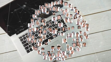 Poster - Network of connections and data processing animation over diverse people on laptop keyboard