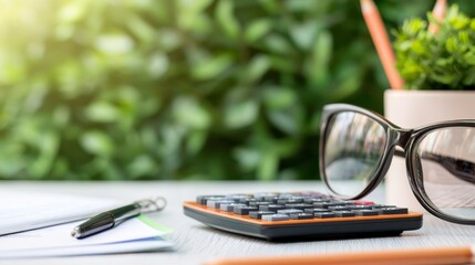 financial freedom concept calculator, glasses, pen, notepad and green blurred background for business and success