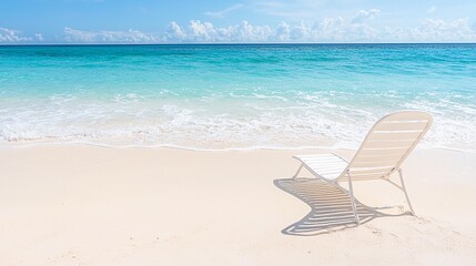 Relaxing beach scene with a white lounge chair by the turquoise water and sandy shore under a clear blue sky.