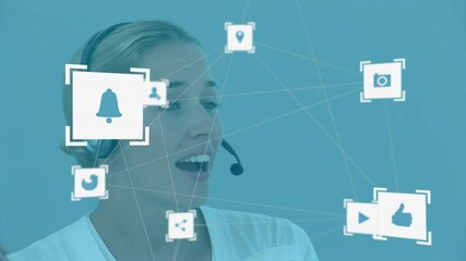 Poster - Network of social media icons animation over woman wearing headset