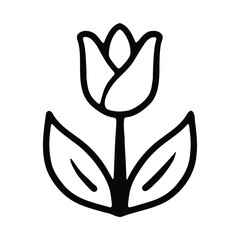 A clean black and white outline illustration of a tulip flower with two leaves.