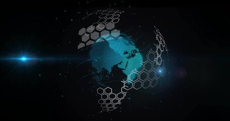 Poster - Hexagonal grid animation forming over rotating globe on dark background